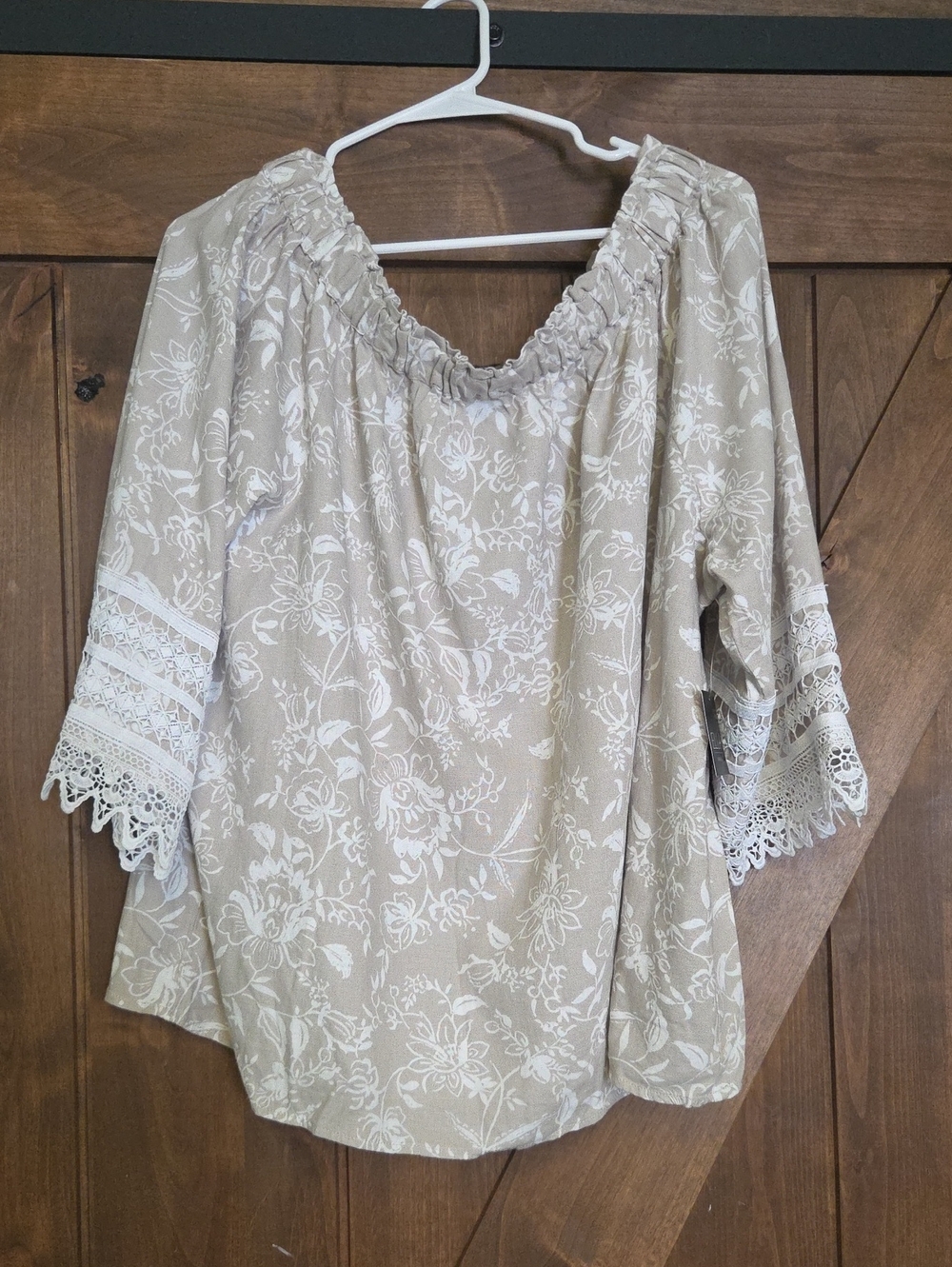 Rafaella Beige Floral Lace-Trim Peasant Tunic